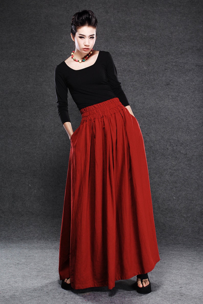 Red linen skirt, maxi skirt with pockets, high waisted skirt with wide waist band, full skirt, spring skirt, ladies skirt C054 image 1