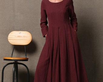 Burgundy Linen Dress - Semi-Fitted Long Maxi Plus Size Long-Sleeved SpringSummer Woman's Dress with Round Scoop Neckline C606