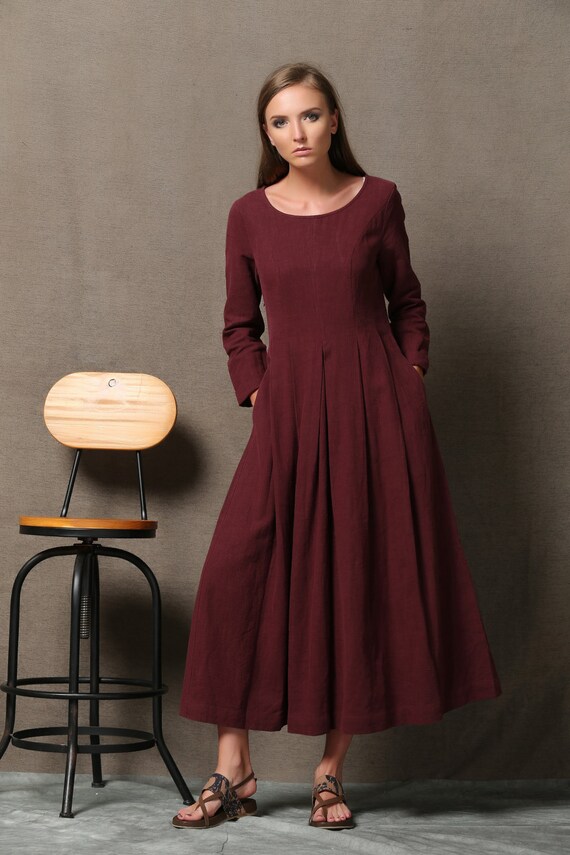 Burgundy Linen Dress Semi-Fitted Long Maxi Plus Size | Etsy