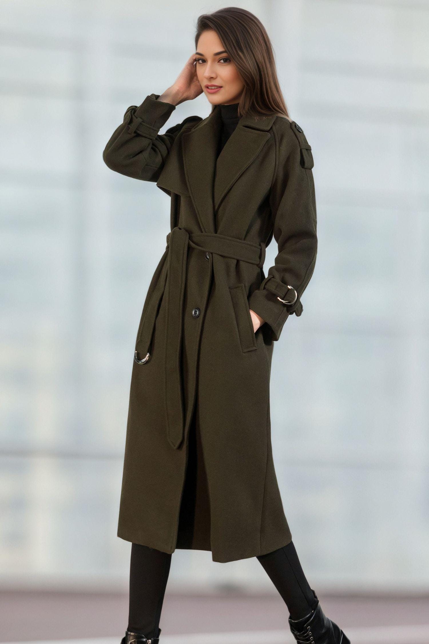 Army Green Wool Coat, Belted Wool Coat, Wool Trench Coat