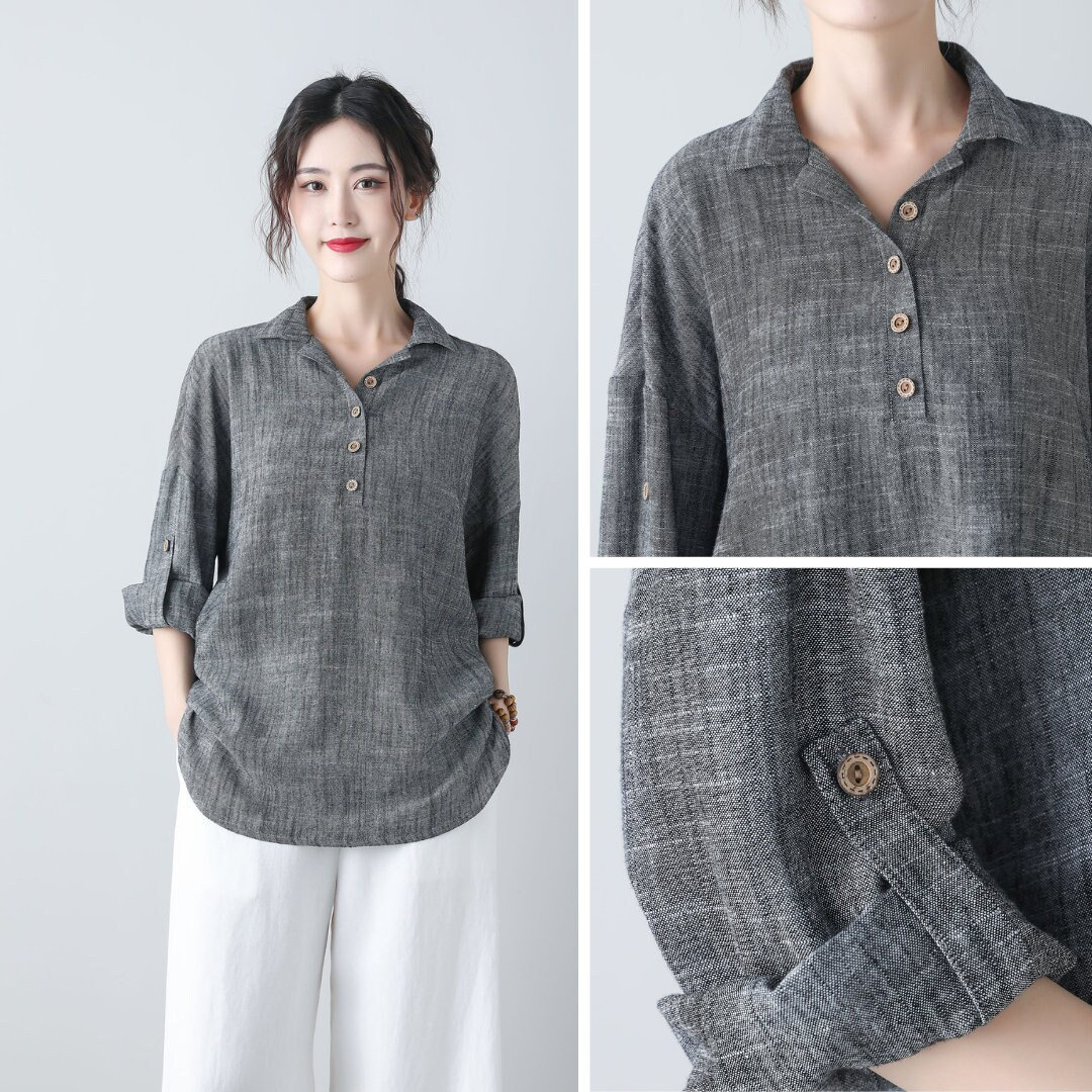 Linen Blouse, Women's Grey Tops, Spring Linen Tops, Button
