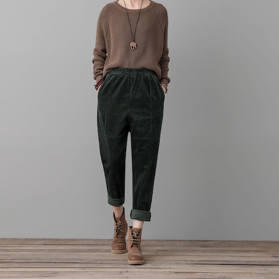 Green Corduroy Pants Women, High Waisted Pants, Loose Fit Corduroy Slacks,  Elastic Waist Pants With Pocket, Plus Size Pants Ylistyle C2555 -   Norway