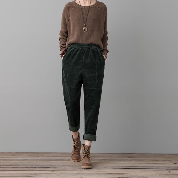 Green Corduroy Pants Women, High Waisted Pants, Loose Fit Corduroy