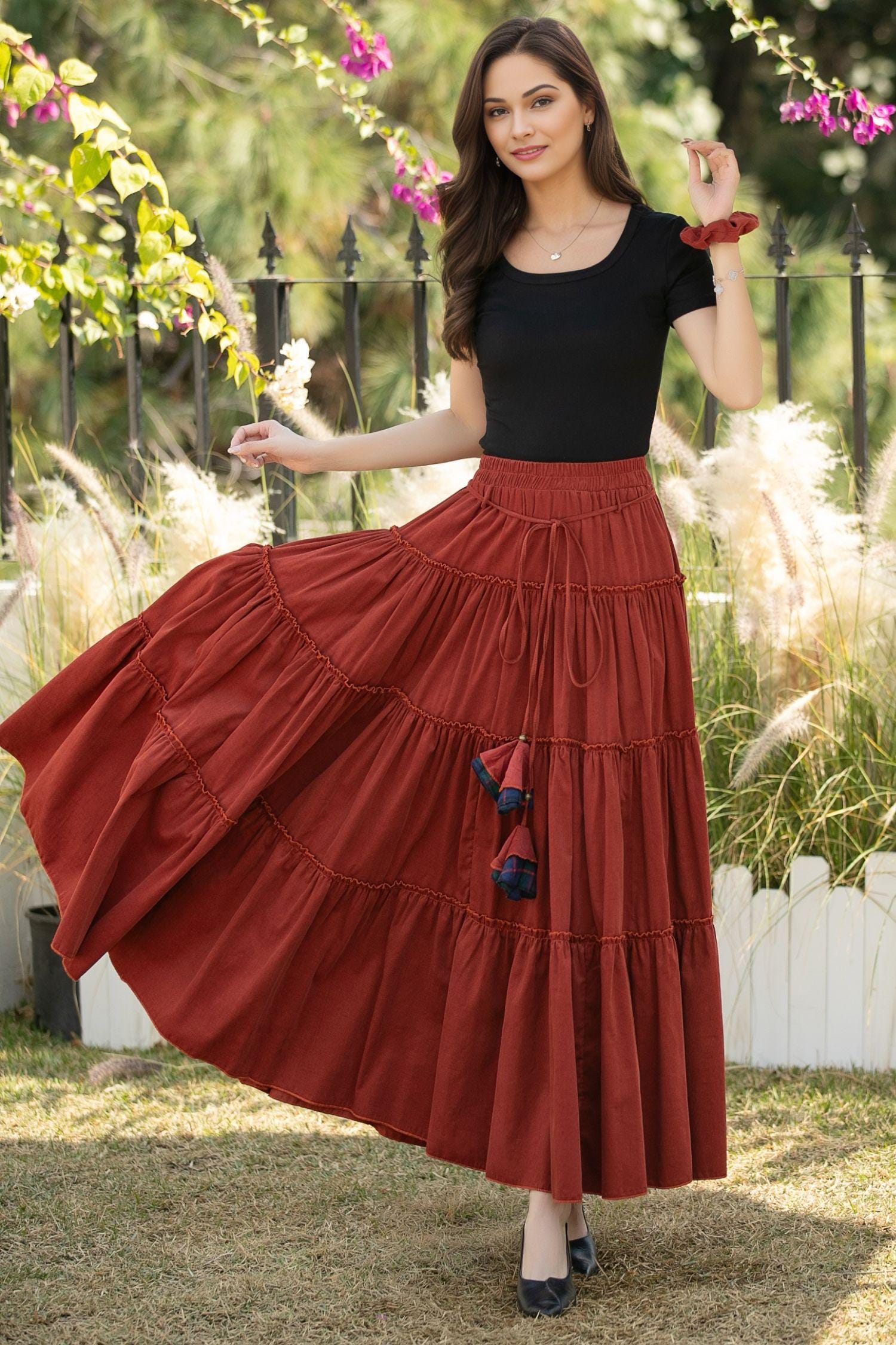 Rust Corduroy Tiered Maxi Skirt – Elastic Waist Boho Pleated Skirt
