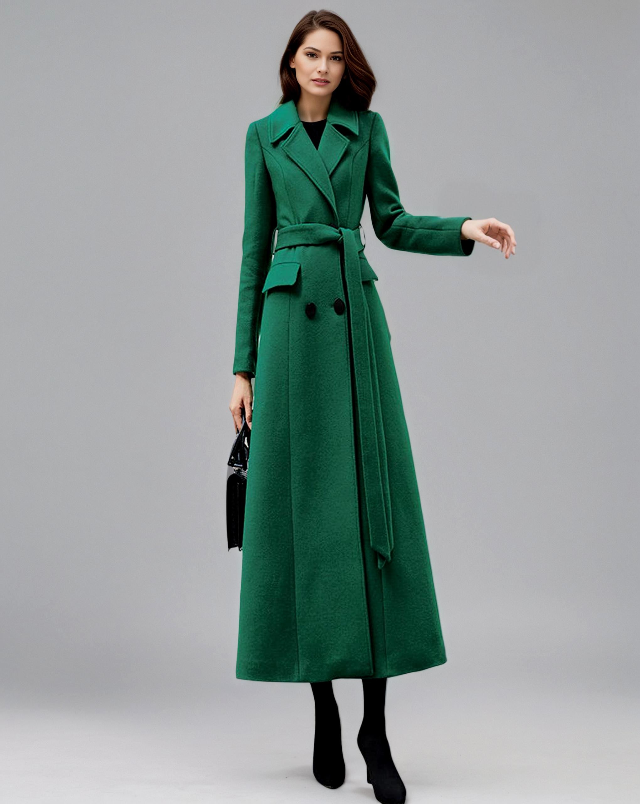 Emerald Green Wool Coat, Long Wool Coat, Double-breasted Wool Coat