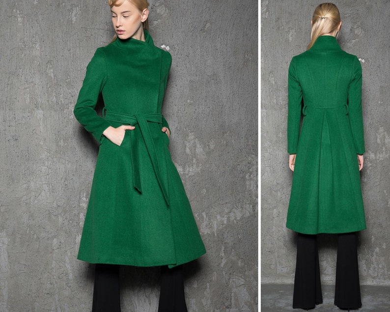 Wool coat women, Winter coat women, green coat, Asymmetrical wool coat, Belted coat, Long wool coat, Autumn Winter outerwear C713 image 1