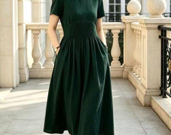 Dark Green Linen Dress, Pleated Linen Maxi Dress, A-Line Women's Casual Dress with Pockets, Custom Long Smocked Linen Dress, Ylistyle C5574