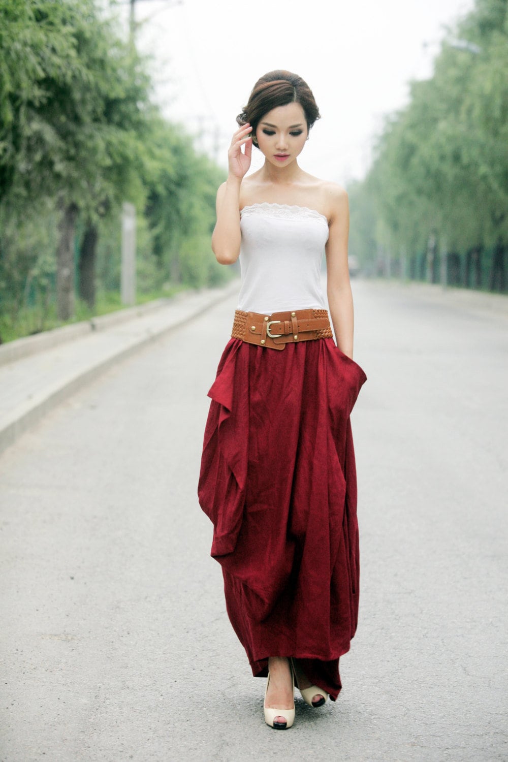 Red Maxi Linen Skirt Long Skirt Feminine Unique Design | Etsy