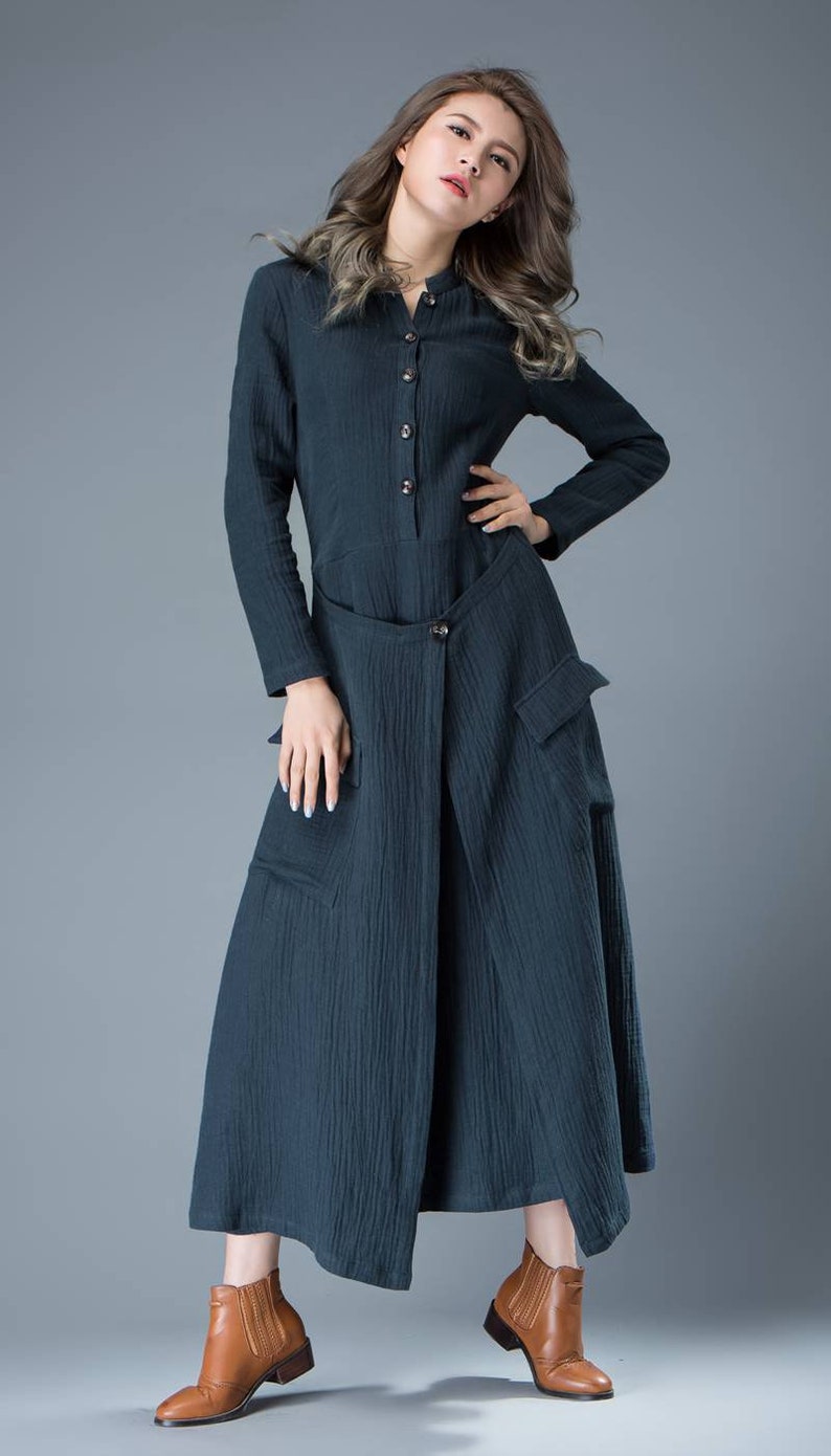 Navy Blue Linen Dress Linen Wrap dress Button up dress | Etsy