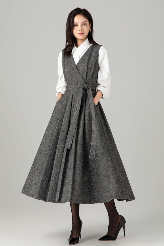 Grey Wool Blend Midi Pinafore Dress: Sleeveless A-line Pleated Winter Jumper, Ylistyle C5278 - Etsy Ireland Grey Wool Blend Midi Pinafore Dress: Sleeveless A-line Pleated Winter Jumper, Ylistyle C5278 - Etsy Ireland