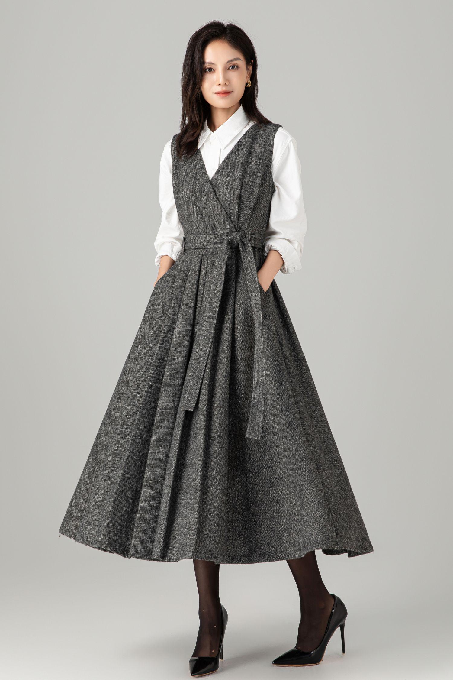Grey Wool Blend Midi Pinafore Dress: Sleeveless A-line Pleated