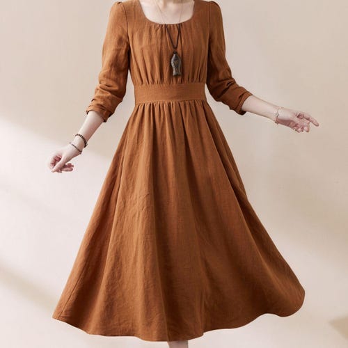 Fit and Flare Pleated Linen Dress, High Waist Linen Maxi Dress with Tie Bow C5385 Brown / Xs Fit and Flare Pleated Linen Dress, High Waist Linen Maxi Dress with Tie Bow C5385 Brown / Xs