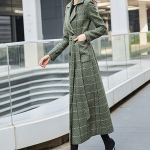 Green Plaid Wool Coat, Long Wool Coat, Winter Coat Women, Belted Wool Coat, Wool trench coat, Warm Wool Coat, Custom Coat, Ylistyle C3031 image 3