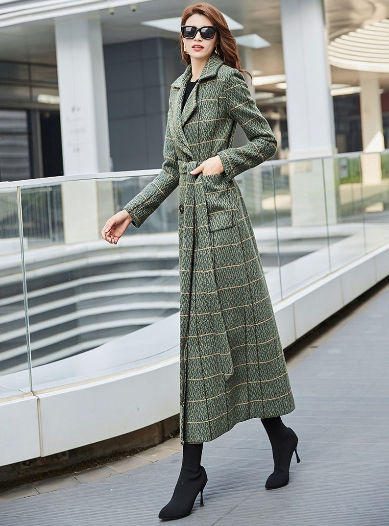 Green Plaid Wool Coat, Long Wool Coat, Winter Coat Women, Belted Wool Coat, Wool trench coat, Warm Wool Coat, Custom Coat, Ylistyle C3031 image 3