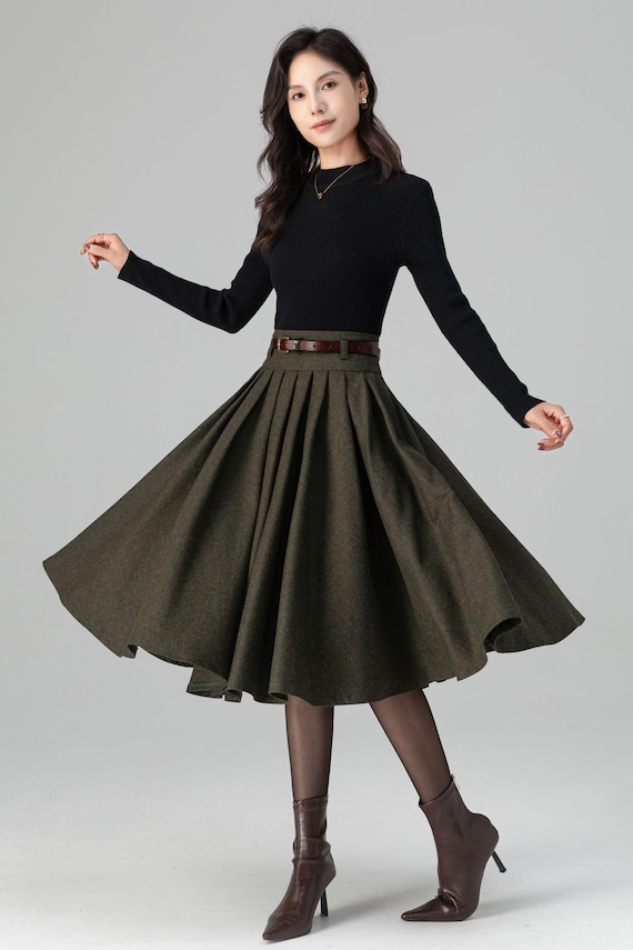 Army Green Wool Midi Skirt: High Waisted Pleated Winter Skirt
