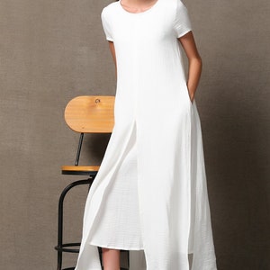 Short sleeve White maxi linen dress for women, summer cotton linen solid casual side slit ankle dress with pockets plus size C534 image 5