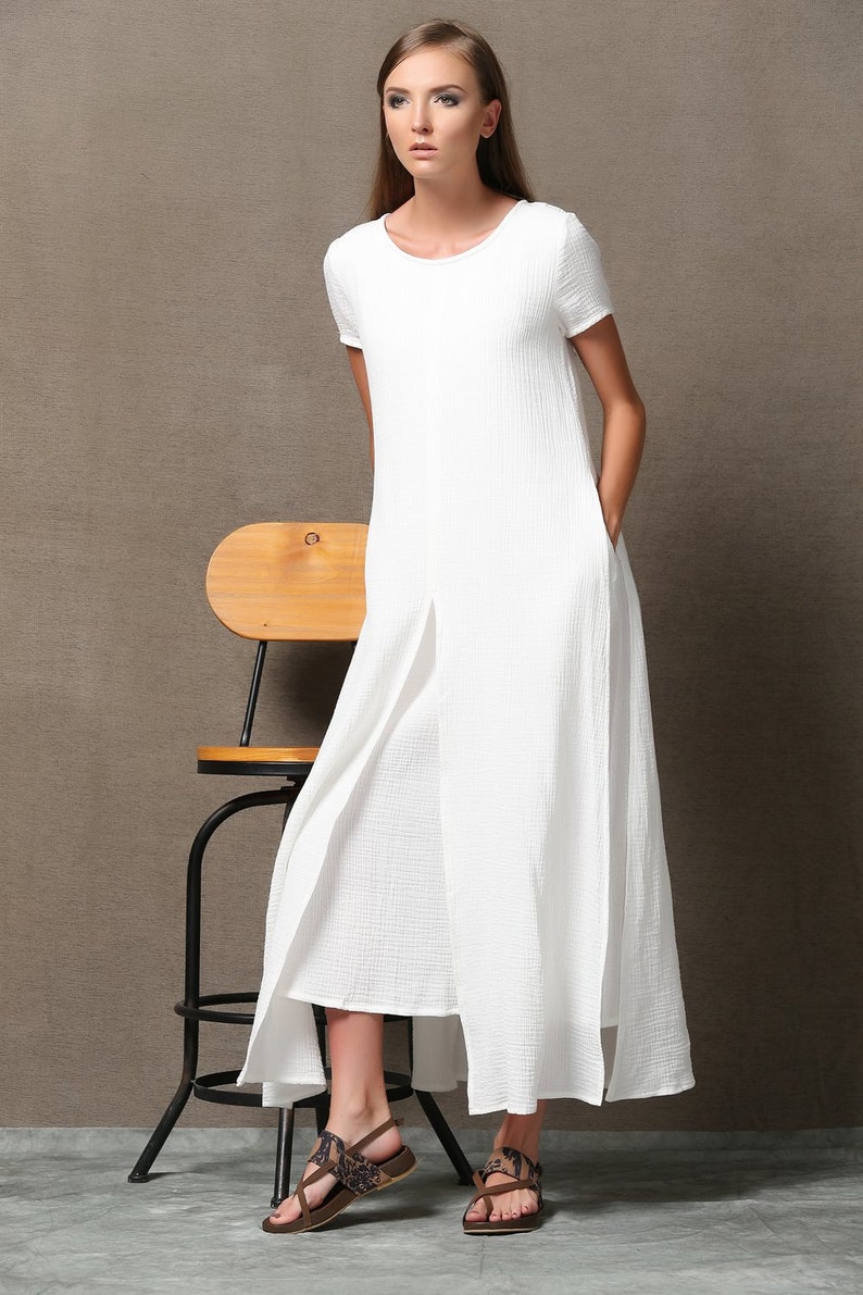 Short sleeve White maxi linen dress for women, summer cotton linen solid casual side slit ankle dress with pockets plus size C534 image 5