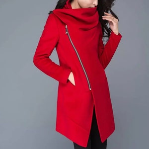 Asymmetrical Wool Coat, winter coat women, Gray Wool Boucle Coat with Front Zipper and Large Cowl Neck Collar, Autumn Winter Outerwear C134 Red