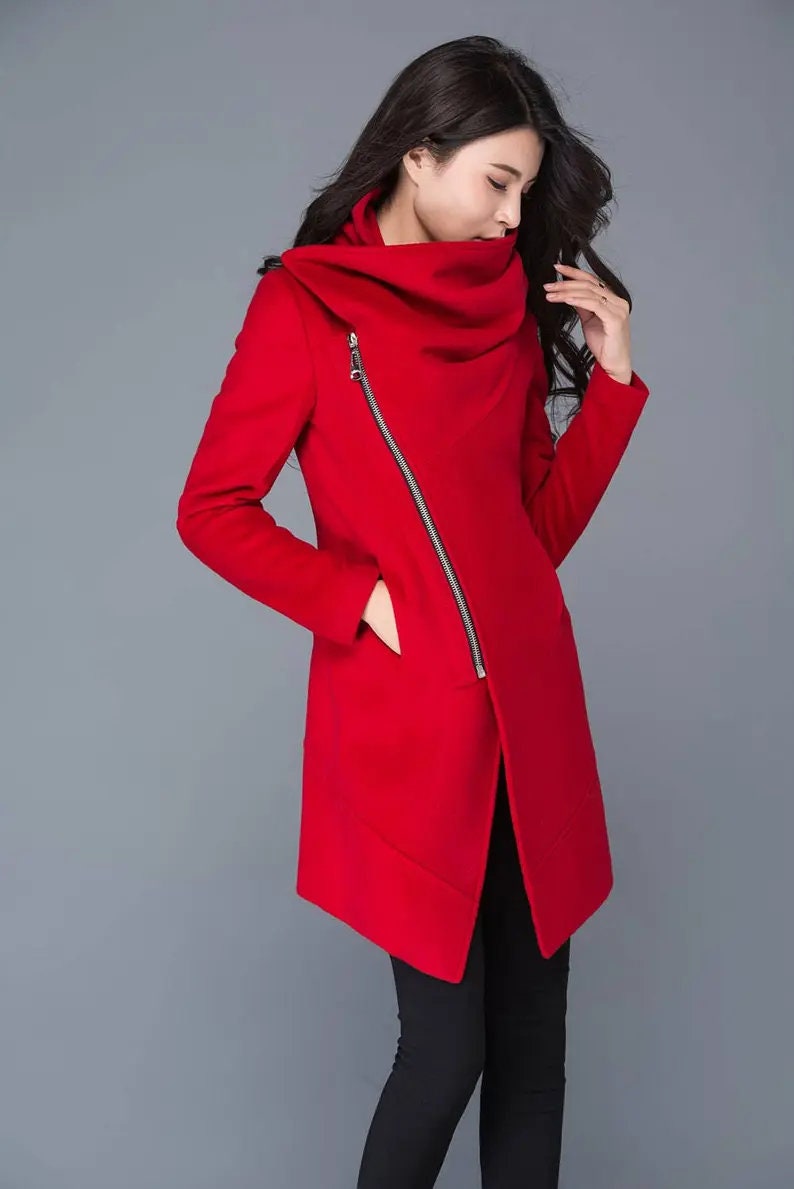 Asymmetrical Wool Coat, winter coat women, Gray Wool Boucle Coat with Front Zipper and Large Cowl Neck Collar, Autumn Winter Outerwear C134 Red