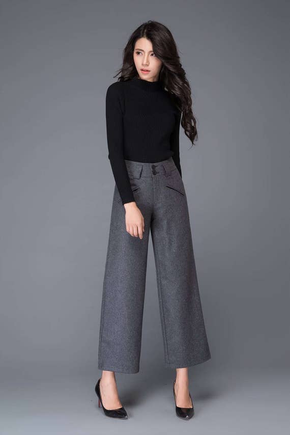 Wide leg pants Wool pants womens pants grey pants dark | Etsy