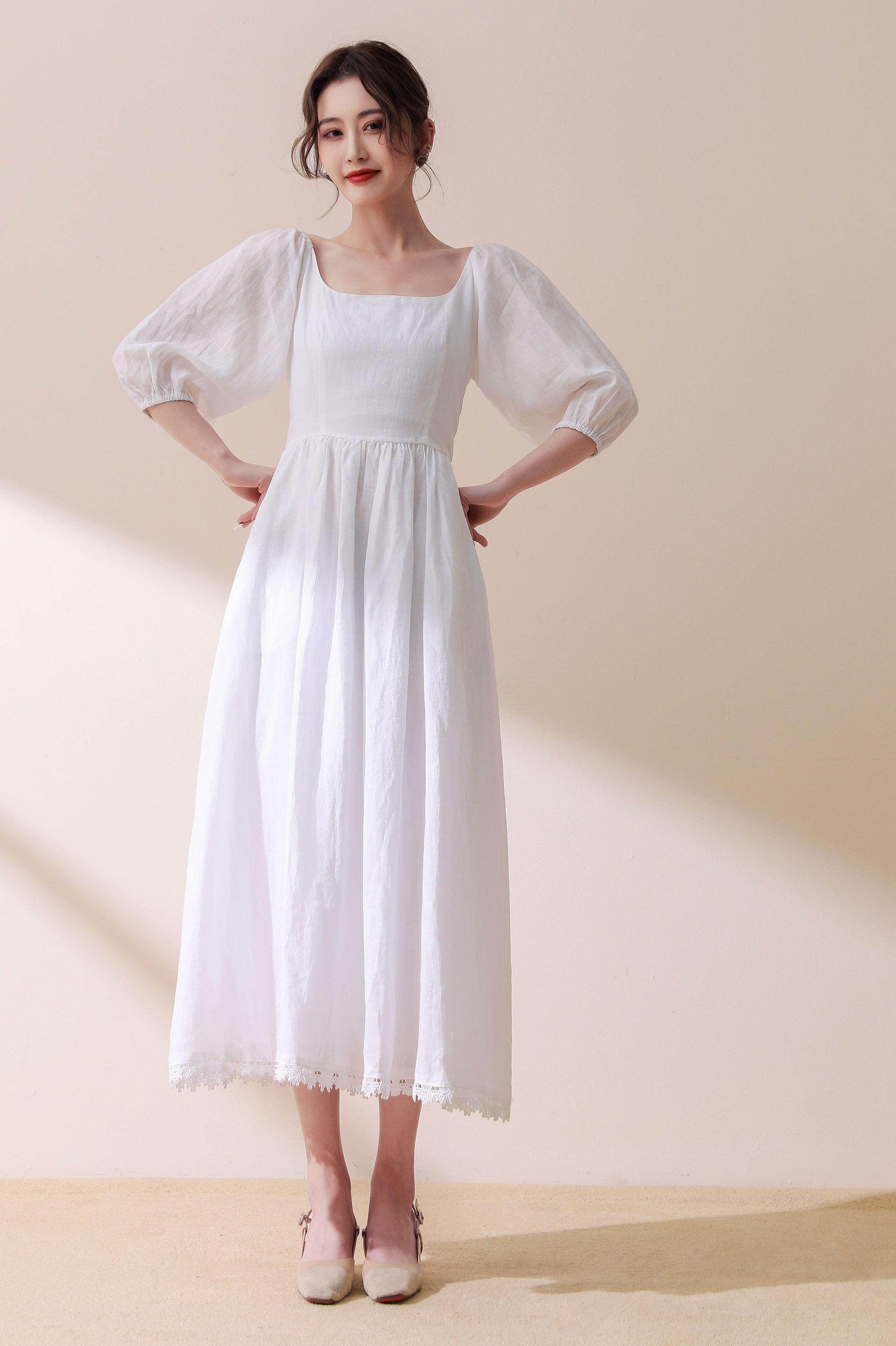 Puffy Sleeve Midi-Dress, White maxi Linen dress, Bridesmaid Dress, Cottagecore dress, Wedding Guest Dress, Simple Wedding Dress C1775