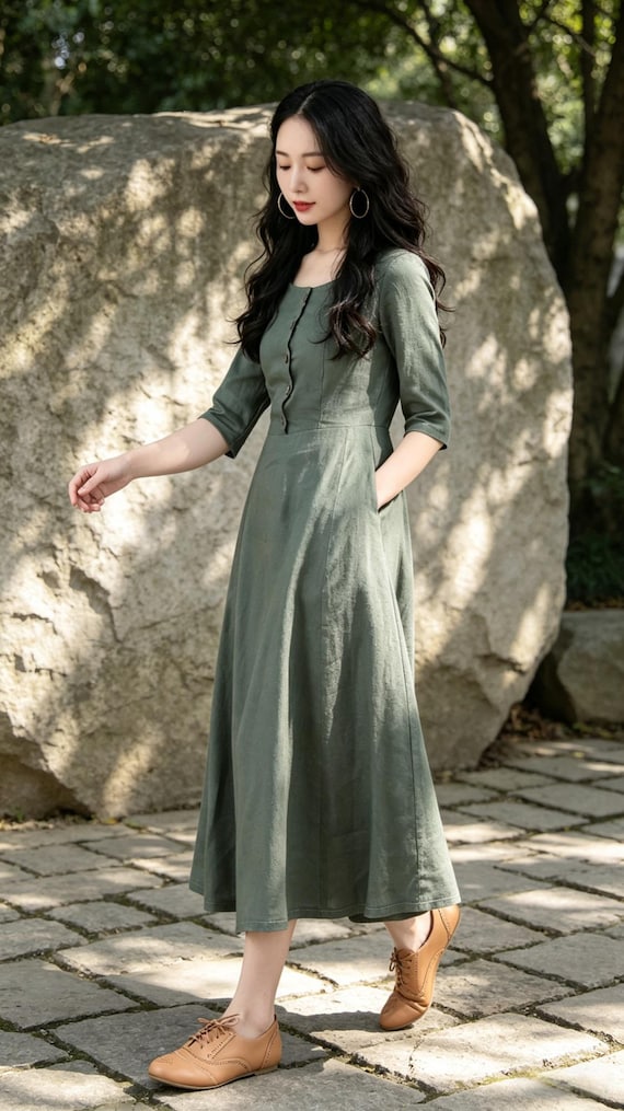 dark green fit and flare dress Dark Green Double Ruffle Sleeve Fit and Flare Midi Dress