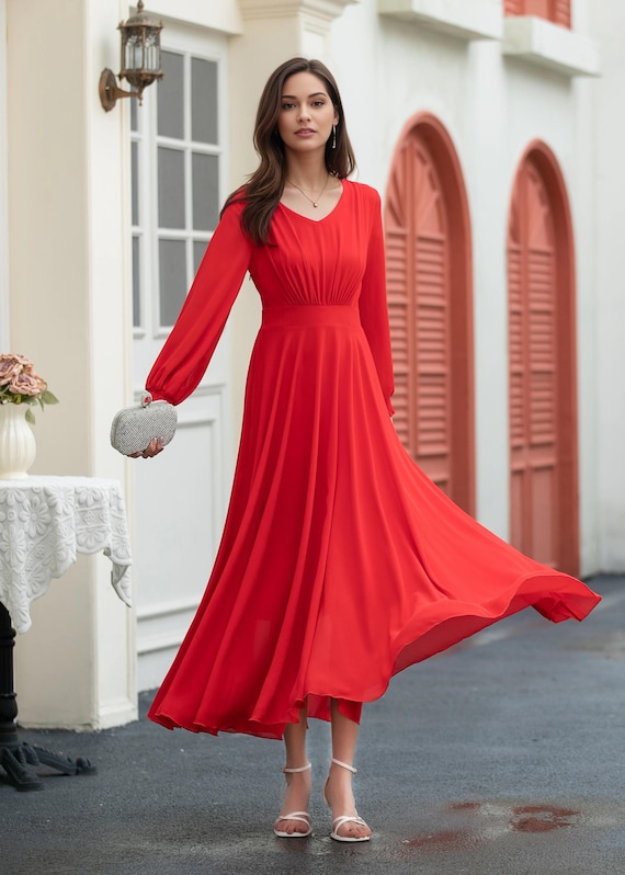 strapless open back dress Red Ruffle Shoulder V-Neck Chiffon Gown