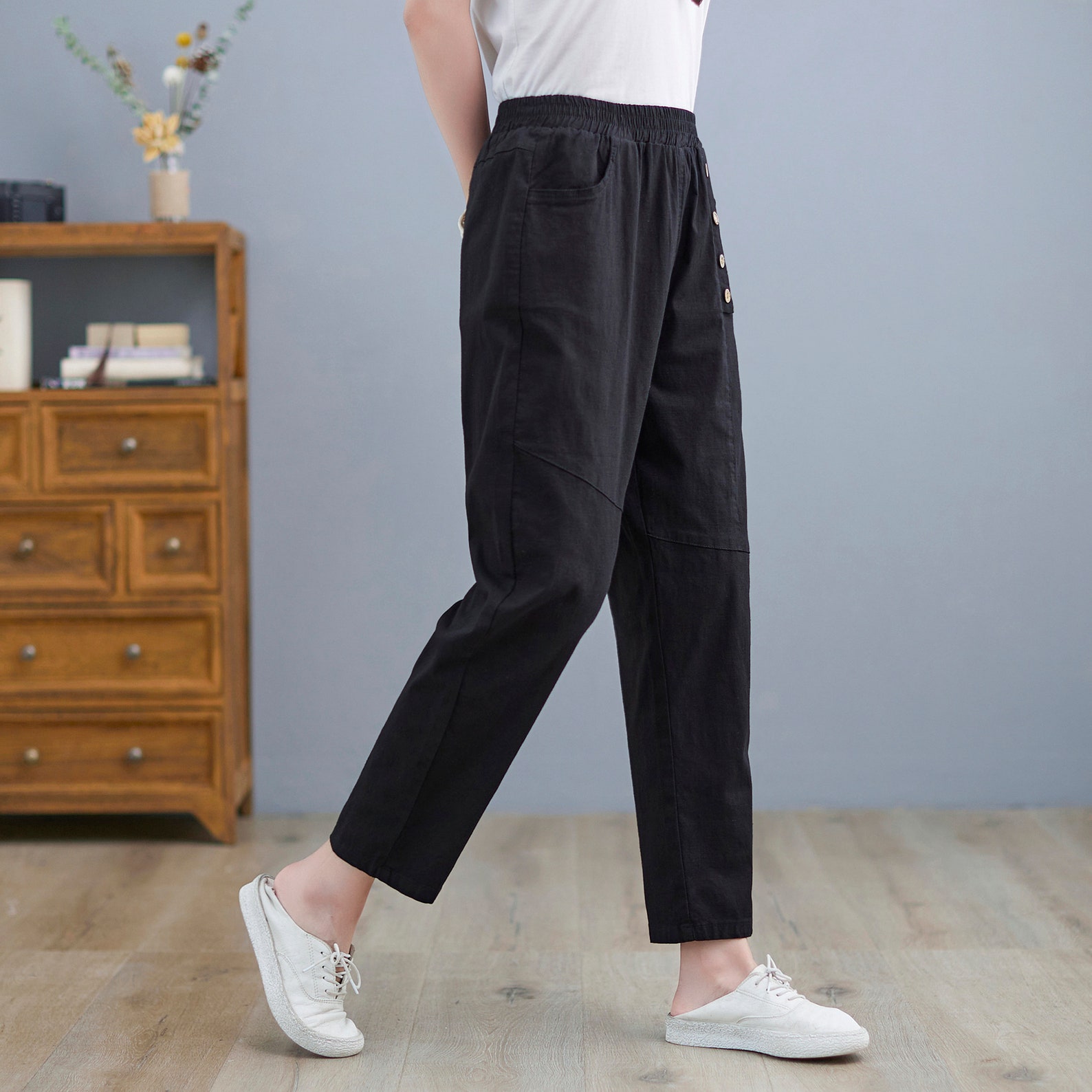 Casual Black Pants Tapered Linen Pants For Women Cropped Etsy