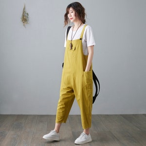 Linen jumpsuit women, Casual Linen Overalls, Loose fit Linen Harem Jumpsuits, Yellow Linen jumpsuit, women Linen Romper, Ylistyle C2100 image 4