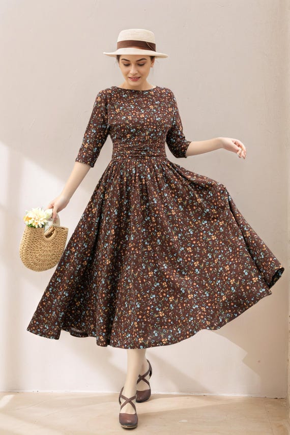 brown midi dress flowy Balcony Moment Brown Linen Midi Dress | Trendy Women's Dress