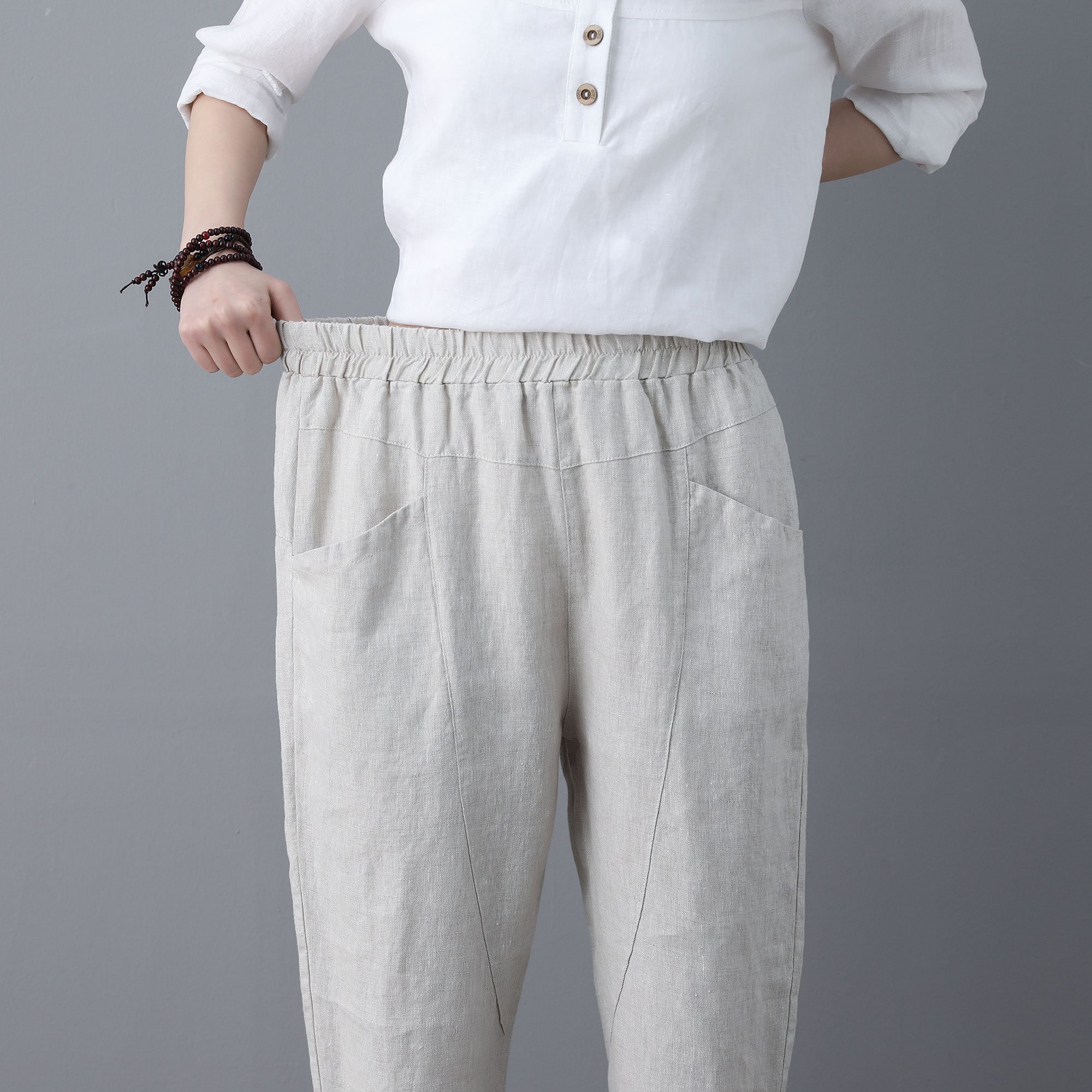 Women Elastic Waist Linen Pants Casual Minimal Cropped | Etsy Canada
