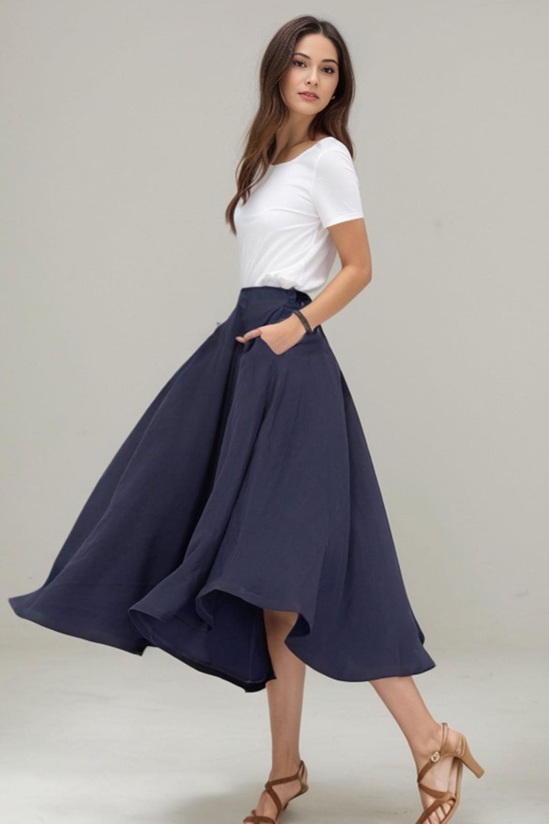 Handmade Navy Blue Linen Swing Skirt: High-waisted Midi Skirt