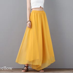 Breezy Yellow Chiffon Beach Pants, Summer Effortlessly Chic Chiffon Wide-Leg Pants, Flowy Vacation Pants, Beachwear pants, Ylistyle C2196