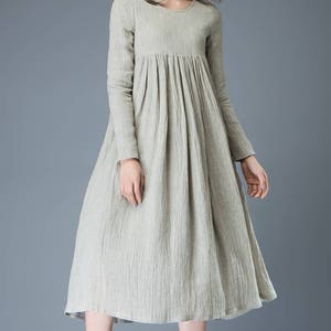 Casual Linen Dress, Light Gray Pleated Dress, Mid-length Long Sleeved Dress, High-Waisted Dress, spring dress wonen, Plus Size Dress C809 image 5