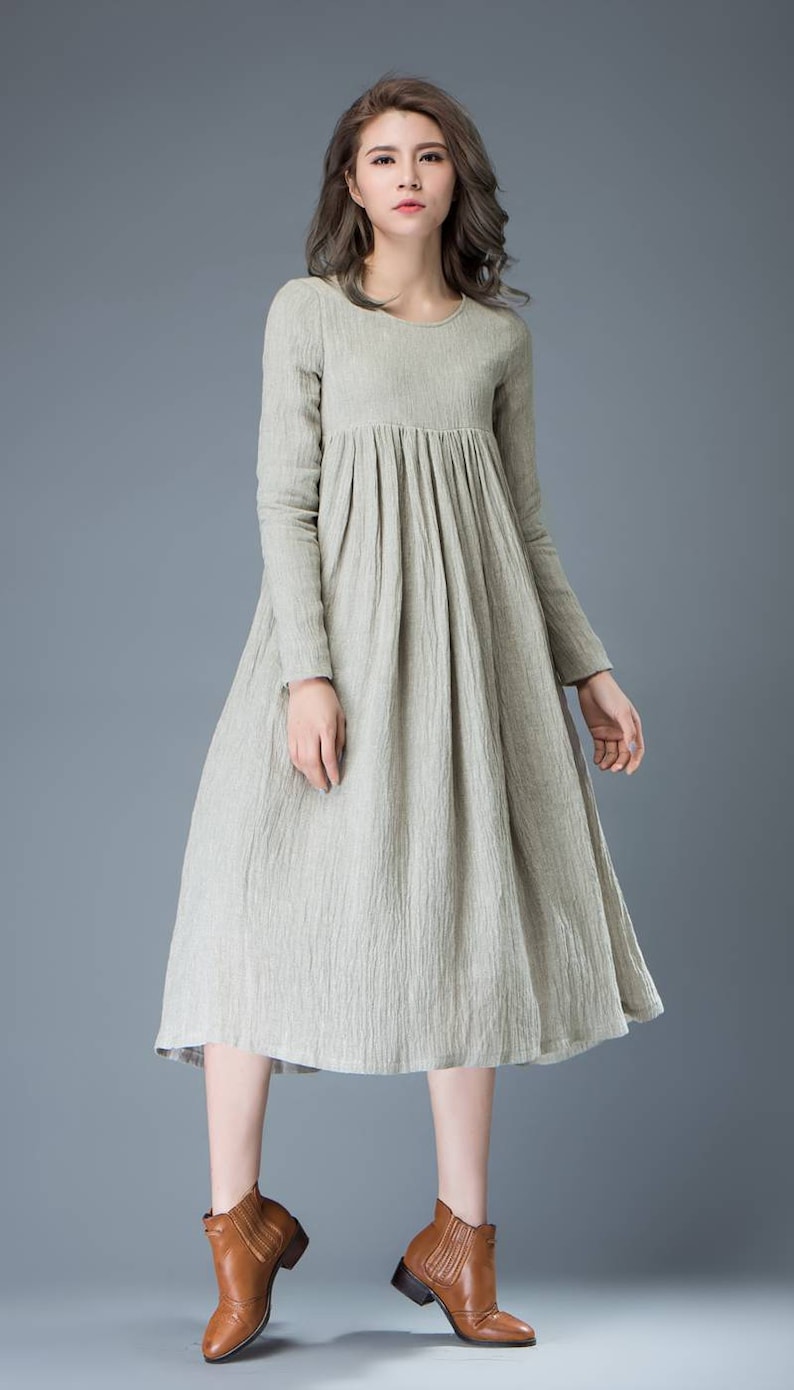 Casual Linen Dress, Light Gray Pleated Dress, Mid-length Long Sleeved Dress, High-Waisted Dress, spring dress wonen, Plus Size Dress C809 image 5