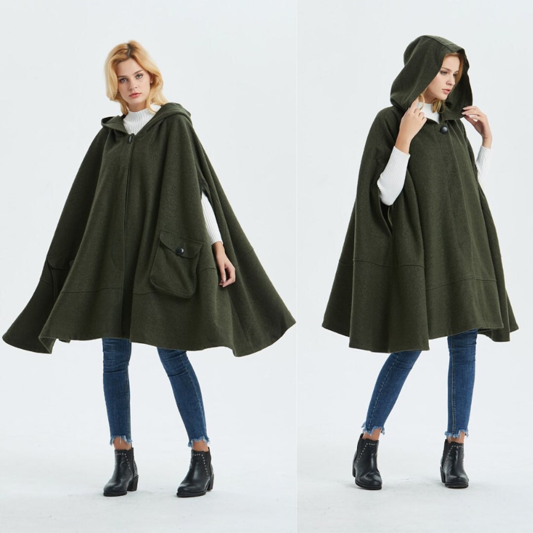 Green Winter Wool Cloak With Hood Women, Long Hooded Wool Green Winter Wool Cloak With Hood Women, Long Hooded Wool