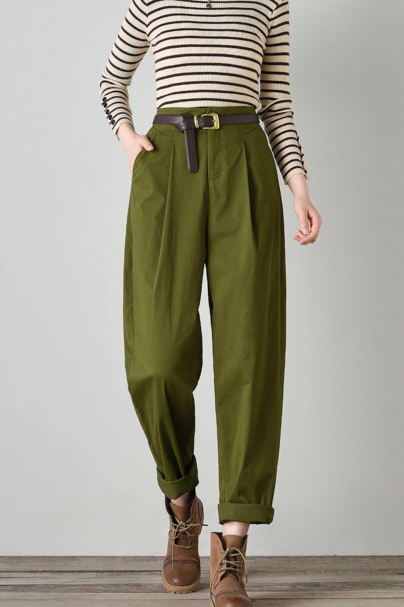 Groene katoenen taps toelopende broek: casual harembroek met elastische taille aan de achterkant, Ylistye C4700 afbeelding 1