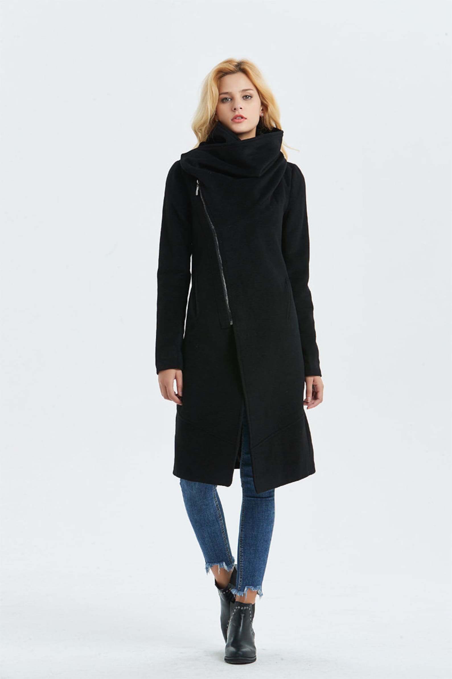 Wool Coat Asymmetrical Wool Coat Black Wool Coat Warm | Etsy