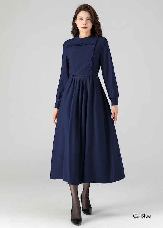Blue Wool Dress, Winter Wool Dress, Fit and Flare Dress, Long Wool