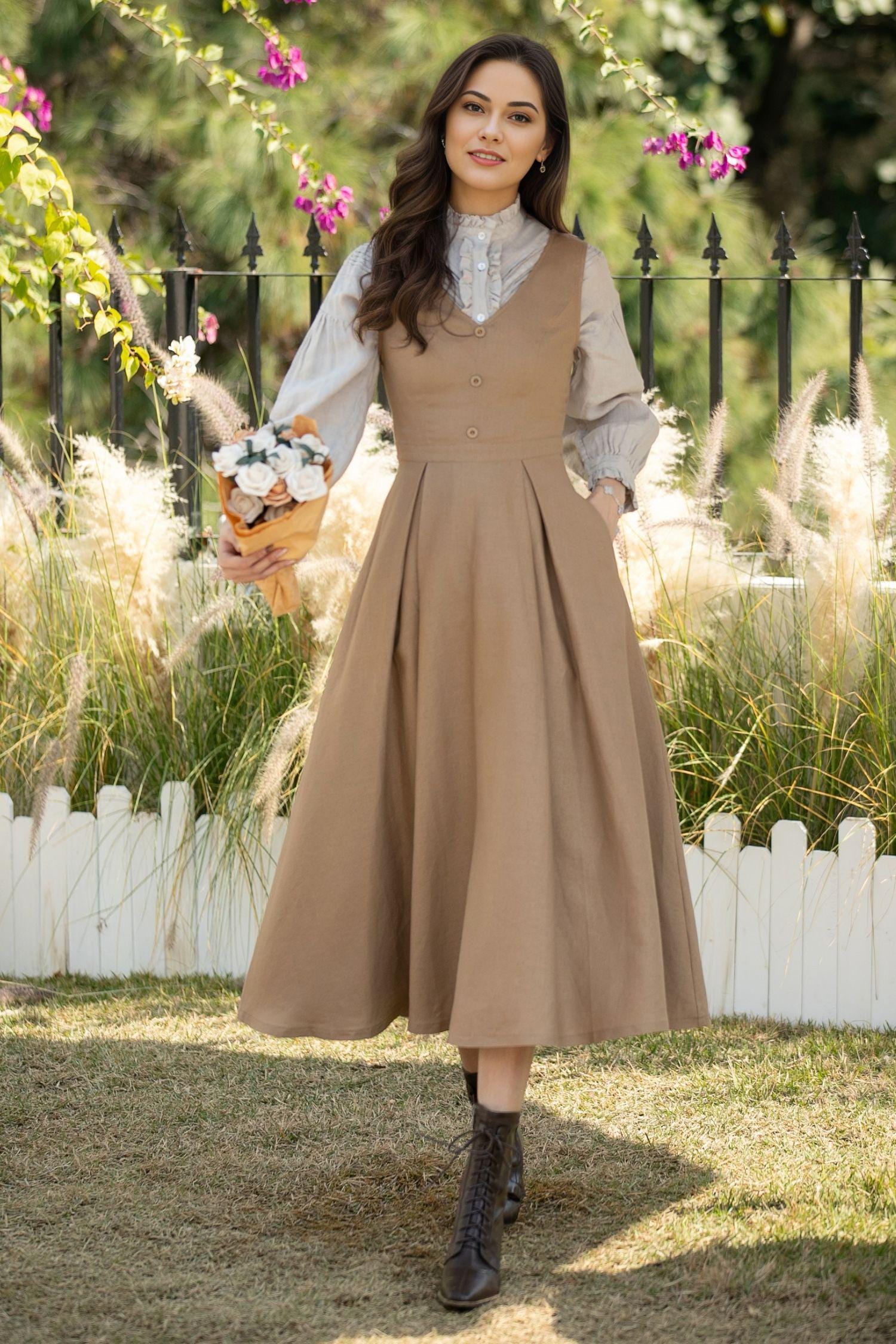 Khaki Linen Pinafore Midi Dress: Sleeveless A-Line Dress with Pockets, Ylistyle C5437 Khaki / XS