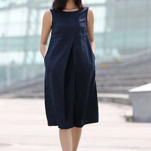 Linen dress, midi dress, sleeveless dress, navy dress, tunic dress, summer dress, Organic linen dress, Causal dress with pockets C263/ image 3