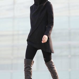 Black coat, Wool coat, winter coat, woman coat, Asymmetrical coat, high collar coat, zipper coat, short coat, handmade coat C227 image 8