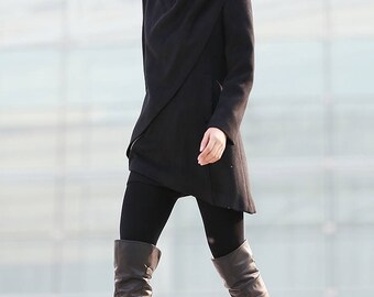 Black Coat, Wool Coat, Winter Coat, Woman Coat, Asymmetrical Black Coat, Wool Coat, Winter Coat, Woman Coat, Asymmetrical