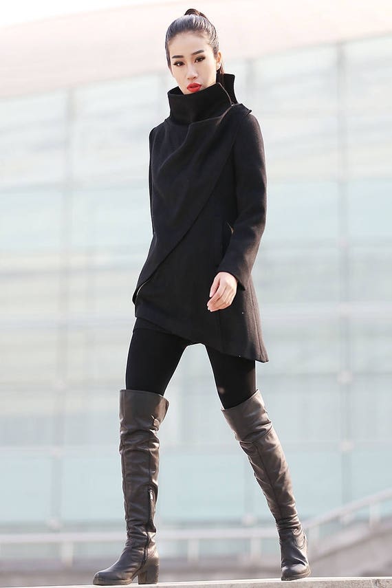 Black Coat, Wool Coat, Winter Coat, Woman Coat, Asymmetrical Black Coat, Wool Coat, Winter Coat, Woman Coat, Asymmetrical