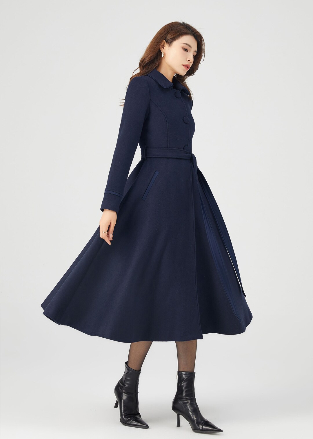 Wool Coat, Long Wool Coat, Winter Wool Coat, Swing Coat, Womens Coat, Wool Coat Dress, Navy Wool ...