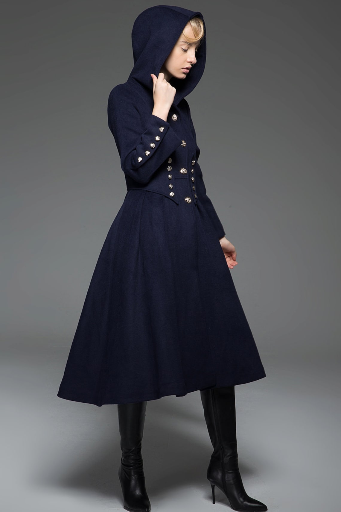 Navy Military Style Coat Long Modern Dark Blue Hooded Winter Etsy