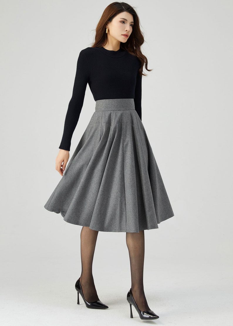 Knee Length Skirt, Wool Skirt Women, Skater Skirt, Pleated Wool Skirt, Gray Skirt, Autumn Skirt, High Waisted Skirt, Made to Order C3549 image 7