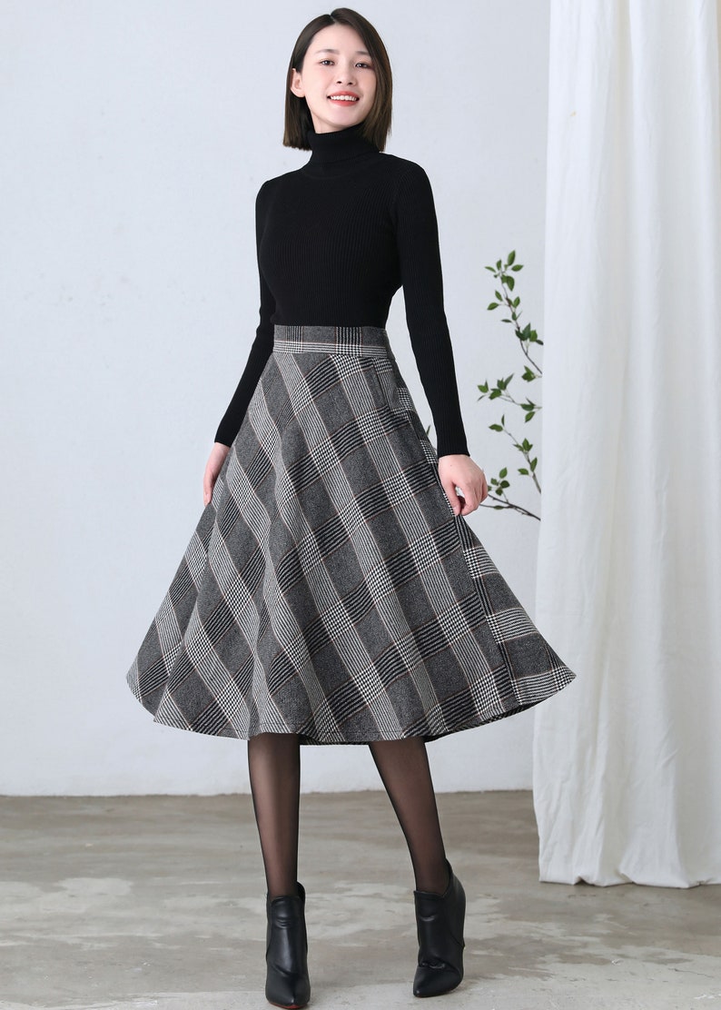 Wool skirt, Wool midi skirt, flare skirt, Swing A line skirt, women skirts winter, Elastic waist skirt, Gray wool skirt, Ylityle C1193 Gray Plaid-C2604