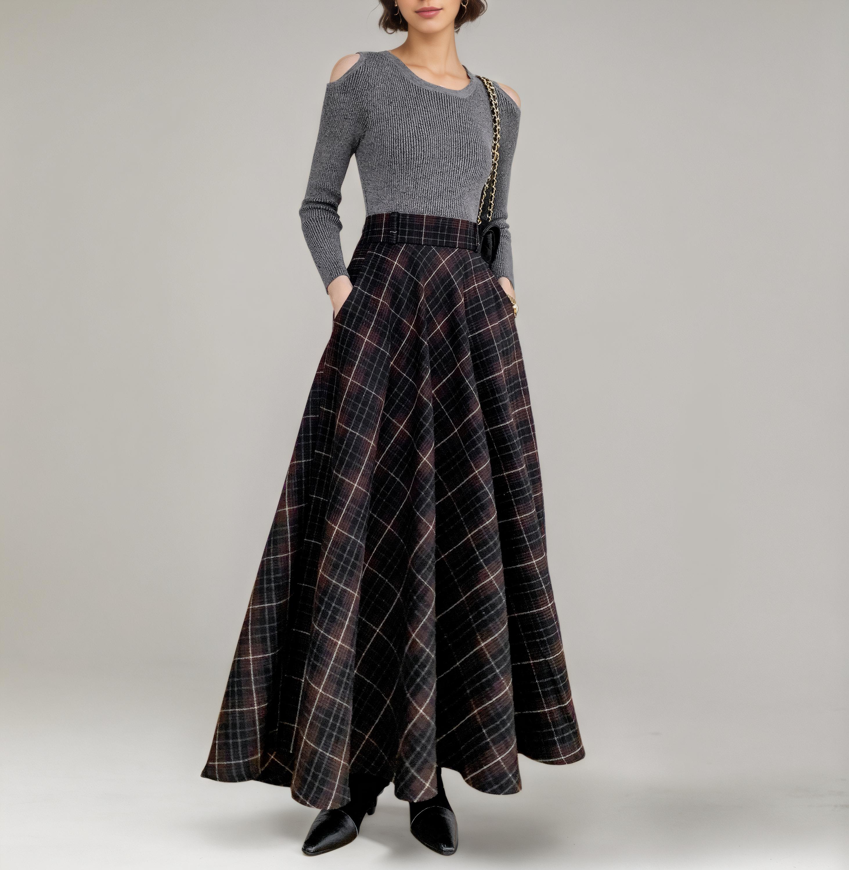 トップス ollun pin check wool gilet long skirt Retro Plaid Wool Skirt, High Waisted Skirt, Maxi Wool Skirt