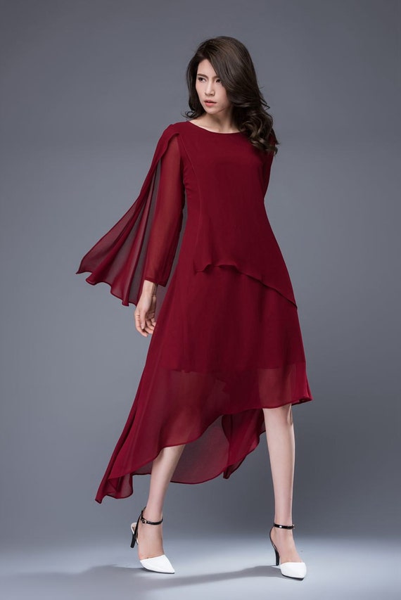 Chiffon dress wine red dress formal dress layered dress Etsy